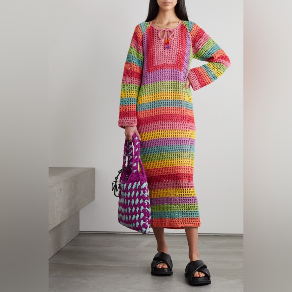 FARM Rio Striped Multicolor Crochet Rainbow Maxi Dress w/ Pink Slip Size XS